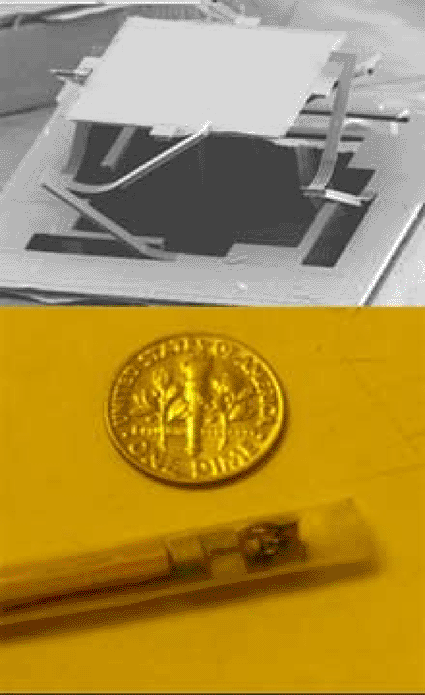Image: The IR laser powered endoscope functions through a tiny 1 mm x 1 mm mirror (above) that pivots, reflecting a beam to produce microscopic, 3D images. The current prototype (below) is narrower than the width of a U.S. 10-cent coin (Photo courtesy Prof. Huikai Xei).
